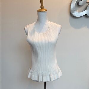 Diane Von Furstenberg White Ribbed Knit Top w/ Flutter Hem Size L Pristine